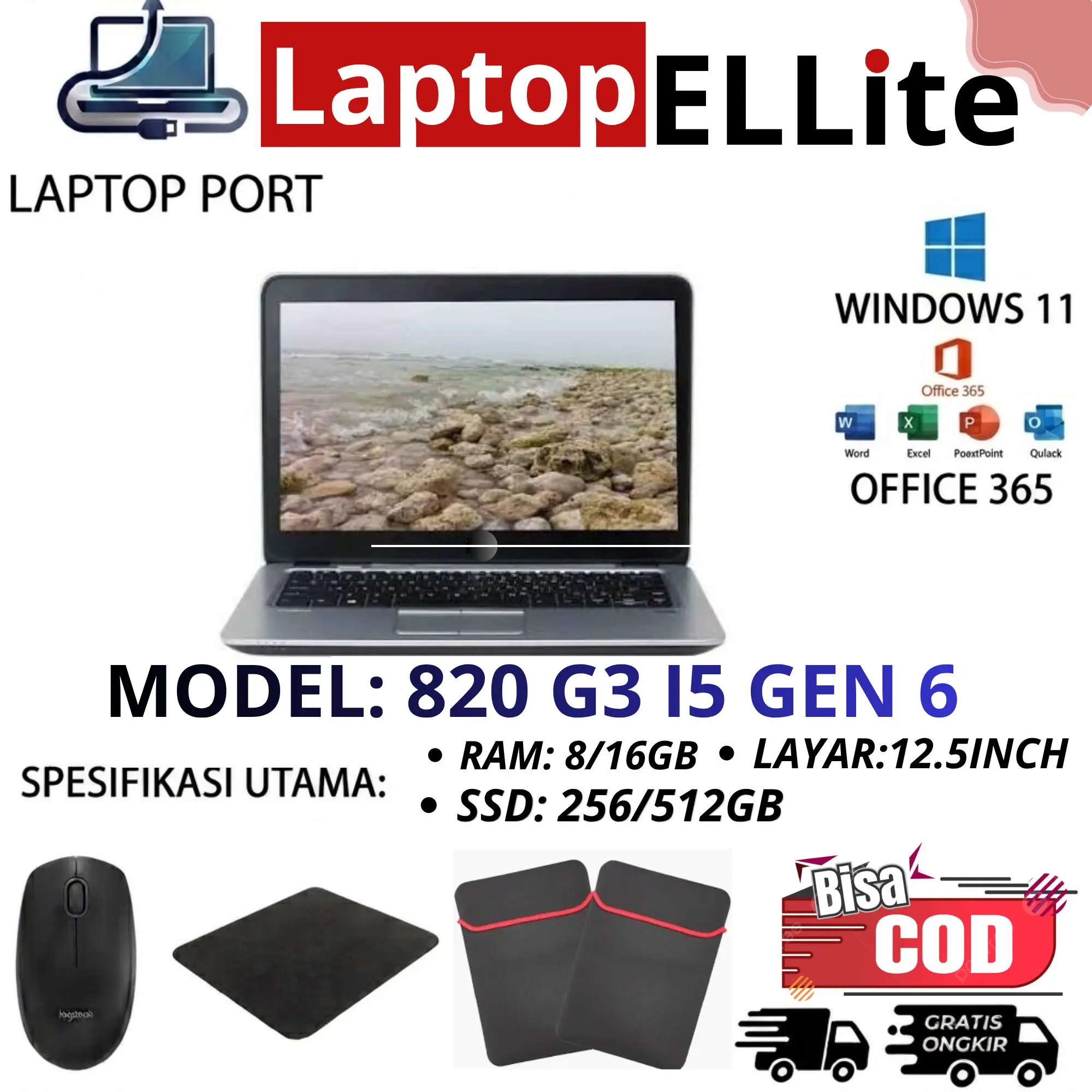 Laptop EX DISPLAY  Seri 820 G3 i5 Gen 6 RAM 8/16GB SSD 256/512GB Windows 11 Pro 64-bit Layar 12.5 Inci Performa Tinggi untuk Aktivitas Berat dengan Prosesor Intel Core i5 Gen 6 dan Memori SSD Canggih