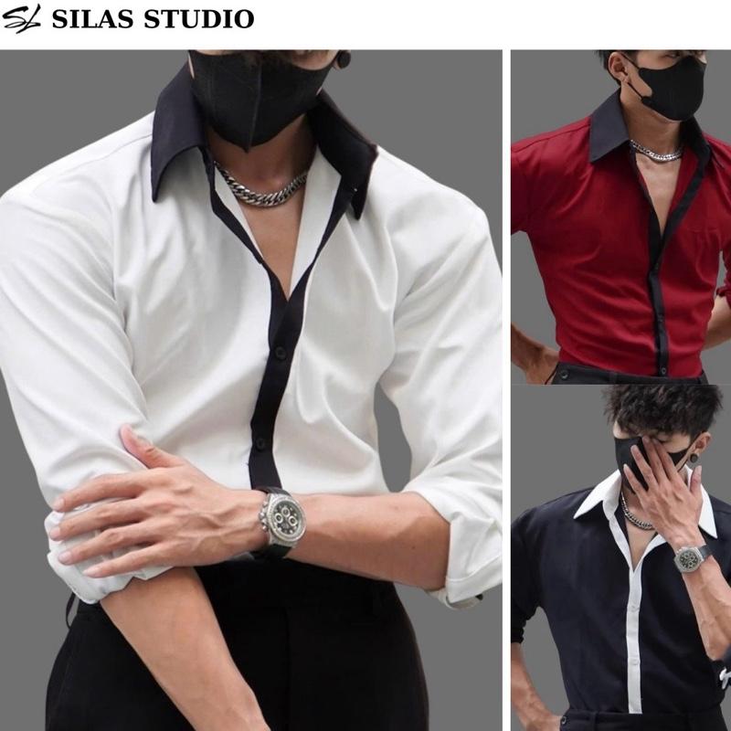 Form Tôn Vai Áo Sơ mi SILAS Trơn Phối Cổ Menswear Cotton Chéo Cổ Bẻ Form Rộng Nam - ASL4