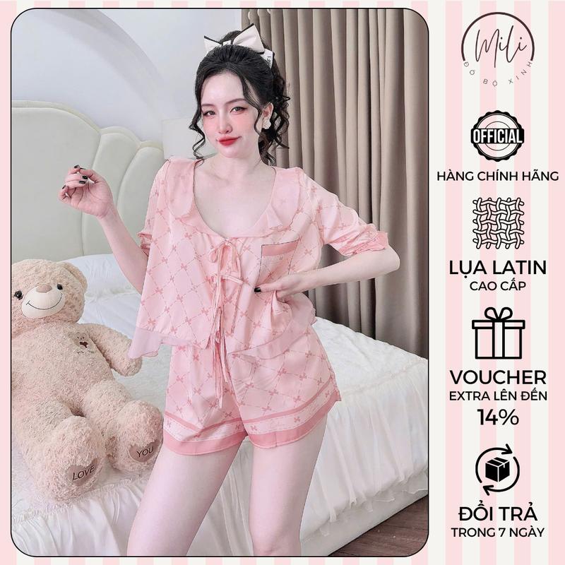  Đồ Bộ Pijama Nữ MiLi – Áo Tay Ngắn Phối Voan Tơ Quần Đùi Thắt Nơ Có Túi – Vải Lụa Latin Cao Cấp 