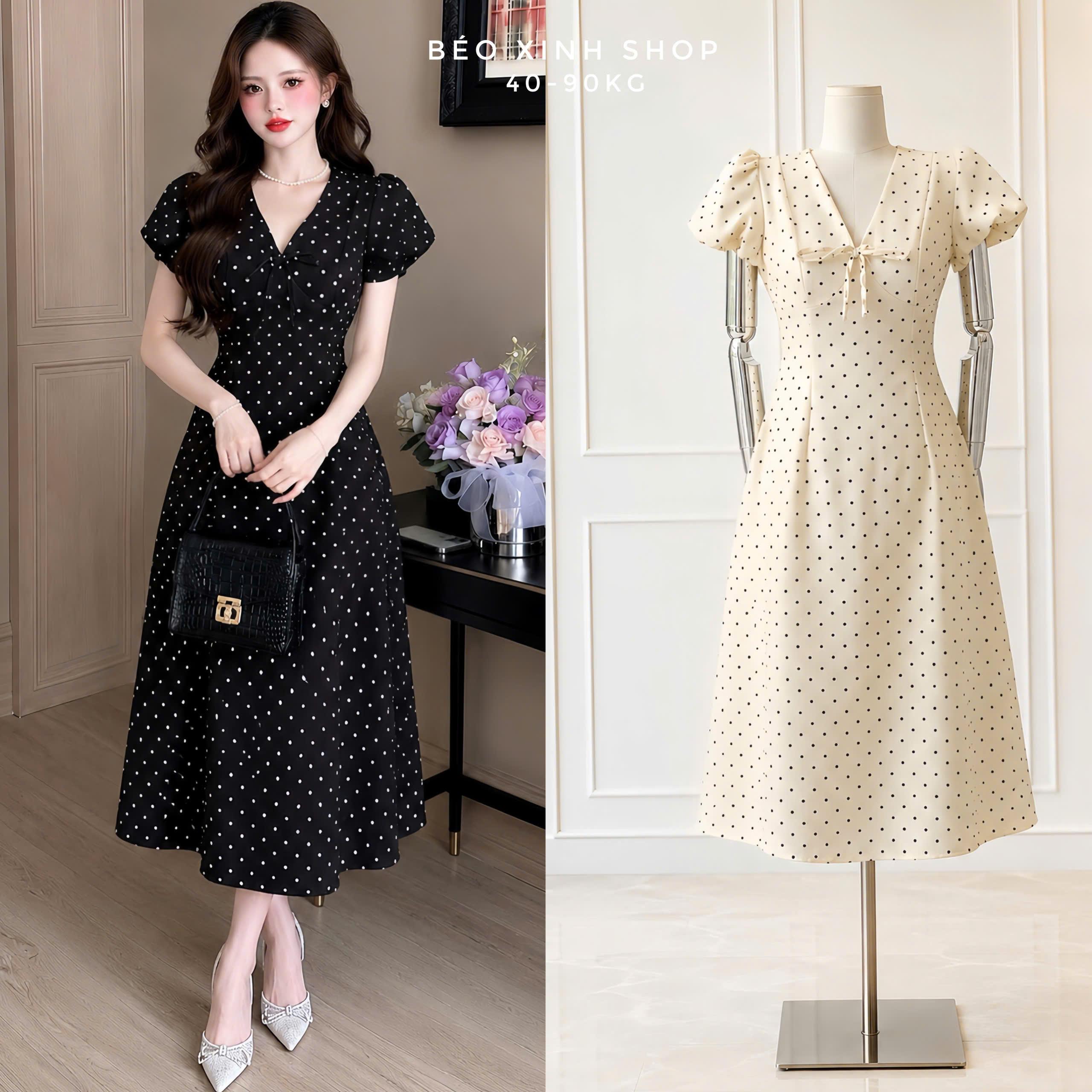 Đầm Dài Chấm Bi Cotton Cổ V Thắt Nơ Tay Phồng Có Bigsize 40–90kg Thời Trang Nữ Béo Xinh Shop - B.1863