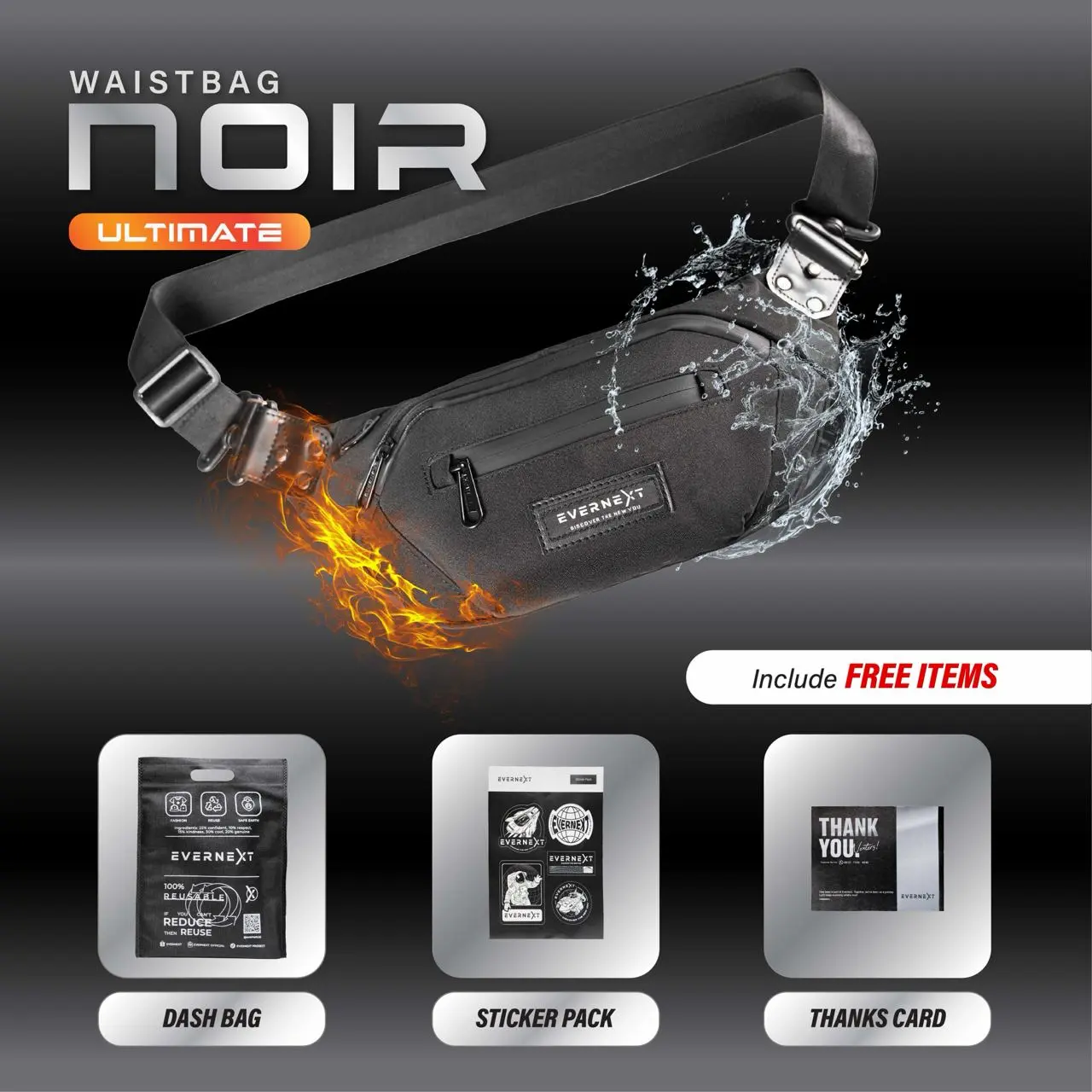 EVERNEXT Tas Selempang Pria Anti Bara Waistbag Noir Pria Waterproof Slingbag Pria Anti Air Tas Pinggang Distro Cowok
