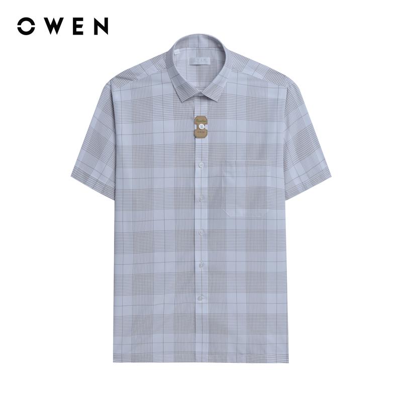  OWEN - Áo sơ mi Nam Ngắn tay Body Fit Có túi AB250097NT màu Be nhạt chất liệu Bamboo poly Họa tiết Kẻ caro Menswear 