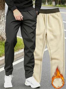 メンズ冬用裏地付きカジュアルパンツ、厚手ウーブン生地、ドローコードウエスト、ジッパーポケット、ストレートレッグ、アウトドアデイリーウェア