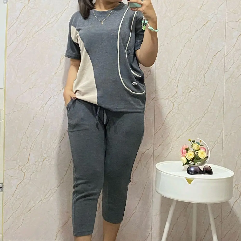 SM89|KD111 STELAN LENGAN PENDEK CELANA 7/8 MODEL KOMBINASI +KANCING Kuning Karet Belah Samping Hitam Baju Atasan Variasi Serut Pink Lembut