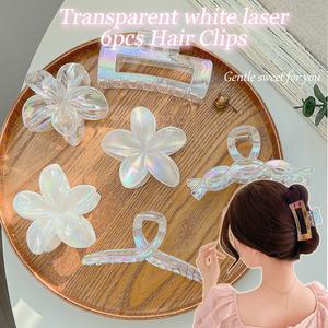 6pcs Transparent White Laser Hair Clips Flowers Long Square Clump Barrette Bundle Clamp Set Claw Grip Woman Gifts Trending Fashion Accessories