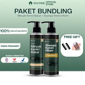 OILYNS Paket Bundling Minyak Kemiri Bakar 100ml & Shampo Kemiri Hitam 100ml Penumbuh Rambut Hitam Tebal Anti Rontok Ketombe 100% Bahan Alami
