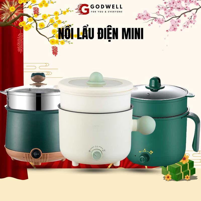 Nồi Lẩu Điện Mini Nấu Mì 2 Tầng GODWELL Kèm Giá Hấp Đa Năng, Nướng, Luộc, Chiên, Chống Dính Vấn Đá Tiện Lợi