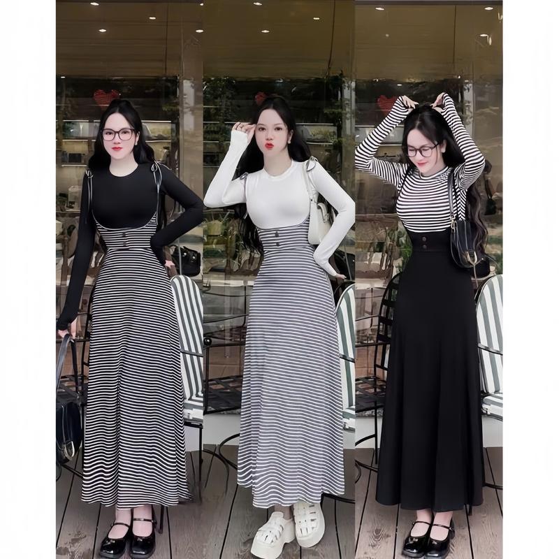  Set Đầm Yếm Hai Dây Chất Thun Tăm Dáng Dài Thiết Kế Đầm Yếm Dây Cột Đính Nút Phối Áo Thun Tay Dài Cổ Tròn Hoạ Tiết Trơn Phối Kẻ Sọc Duyên Dáng Thanh Lịch Trẻ Trung Sành Điệu Thời Trang Cho Nữ 