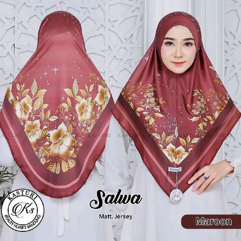 Salwa Hijab bergo printing bunga gold segitiga malay non busa Kerudung Wanita Instan Muslim Nyaman Panjang 4
