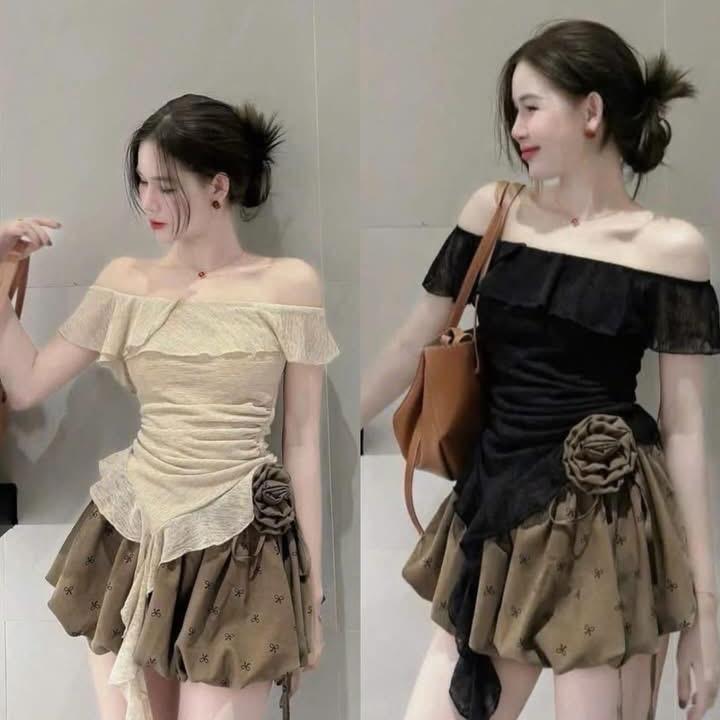  Mèo Mỡ Bigsize — Set bộ thời trang áo trễ vai tua rua kèm chân váy bí xoè hoa bigsize 60-90kg 