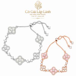 Vòng tay cỏ bốn lá nữ đính đá sang trọng, vòng tay hoa xà cừ màu bạc/vàng hồng, dây rút điều chỉnh, phụ kiện thời trang, quà tặng bạn gái, đi làm, hẹn hò Cô Gái Lấp Lánh
