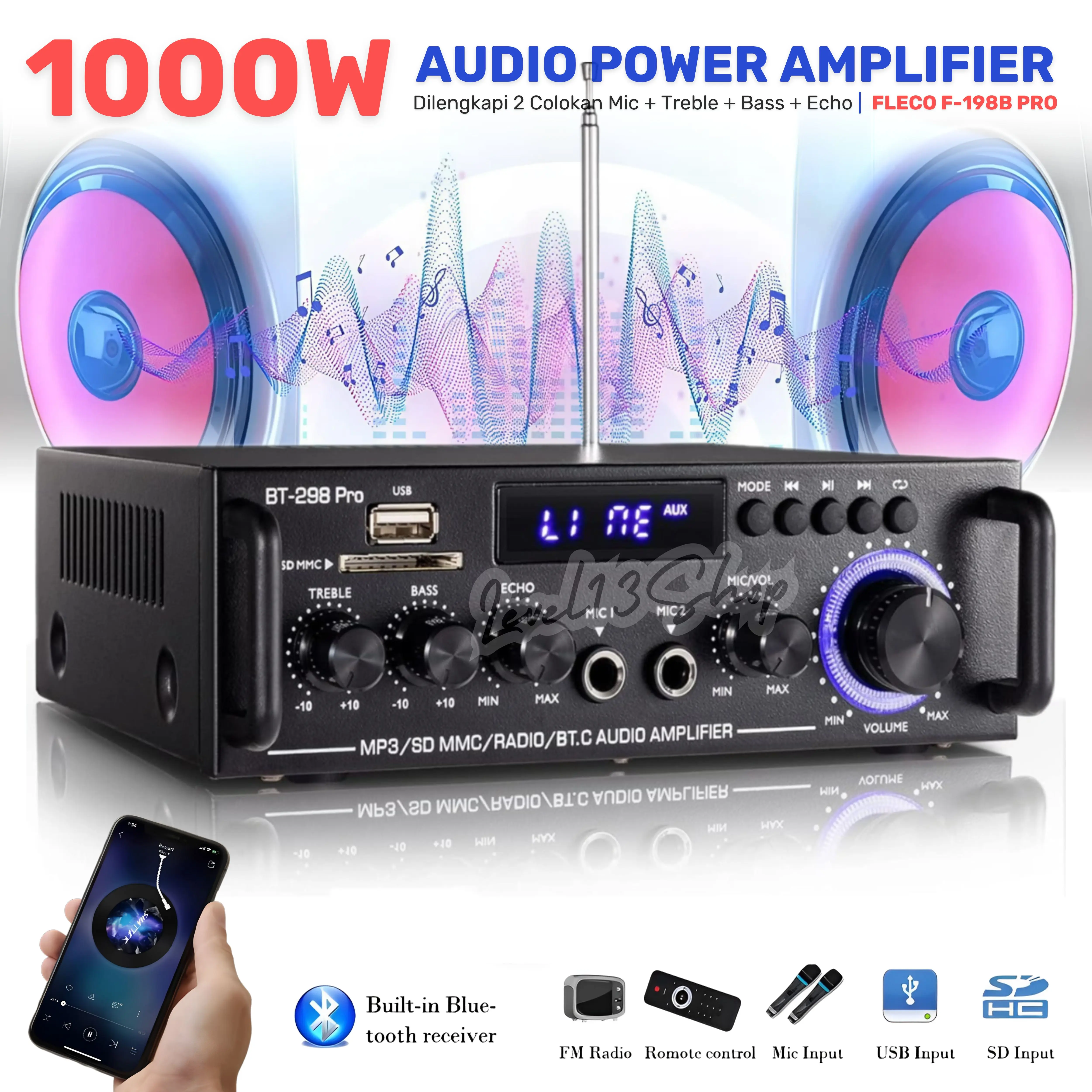 Power Amplifier FLECO BT-198B PRO | Amplifier Bluetooth MINI Fleco Audio Power BT 198B PRO 1000W | Karaoke + Mp3 player + FM Radio Full Bass