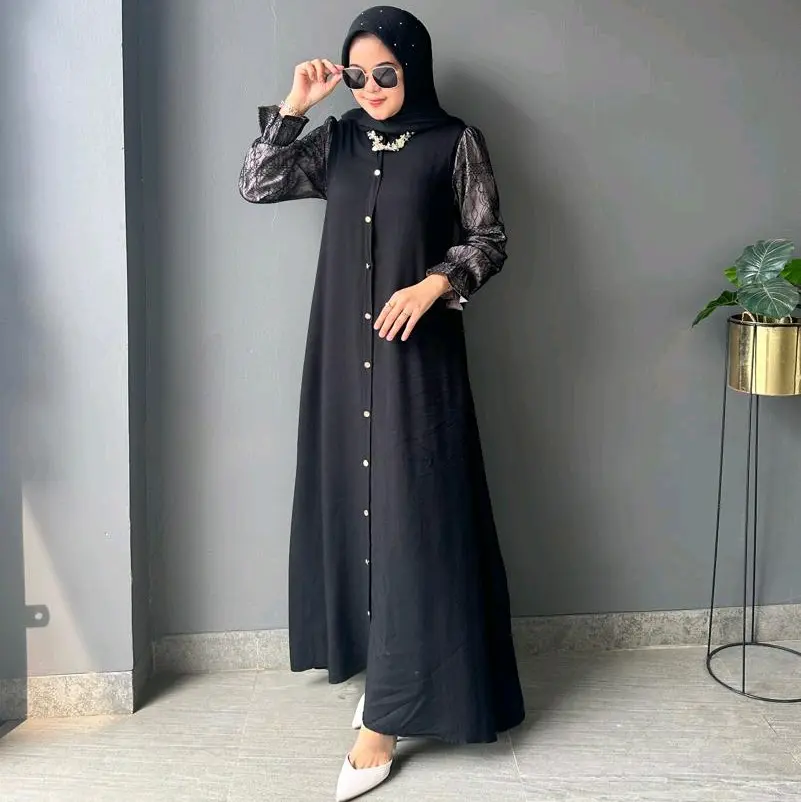 Dharaa Dress Brukat By Jelita Twill Wanita Gamis Muslim Cantik Nyaman Panjang Formal Hitam