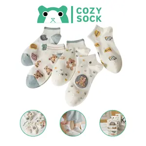 COZY KS174 Sepasang Kaos Kaki Pendek Fashion Motif Beruang Coklat Lucu Unisex Y1822