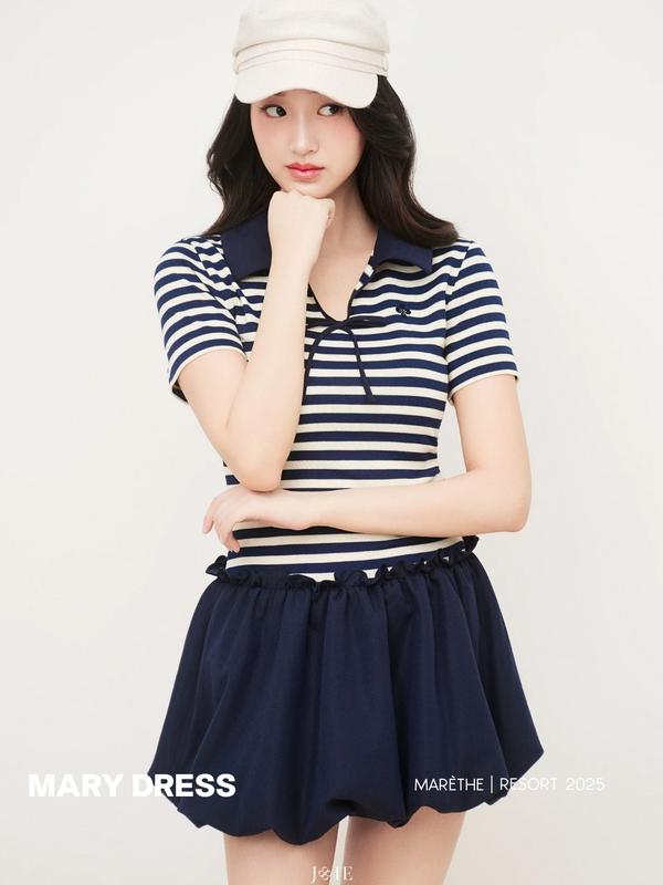 JOIE DES ROSES - Váy liền kẻ dáng bí cổ khoét V phối nơ MARY DRESS