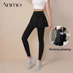 ANMO-Legging Celana 2 in 1 0lahragaWanita High Waist Polos Gym BersepedaYoga Sport Outdoor Celana berkantong bahan stretch tinggi