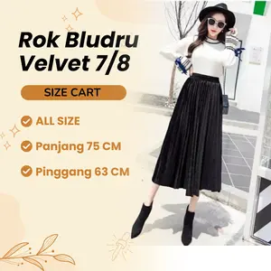 Rok Bludru Velvet Plisket  7/8 / Rok Bludru Plisket Midi Katun Panjang Hitam Wanita