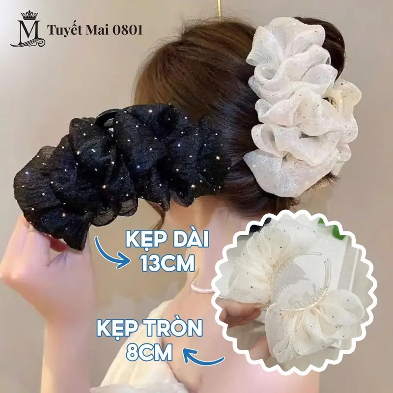 Kẹp Tóc Lưới Bong Bóng Đính Đá, Phong Cách Hàn Quốc