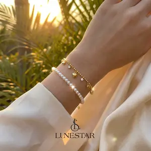 Lunestar Gelang Wanita Impor Korea Berlapis Emas Cinta Zirkon Bergantian Perhiasan Bracelets Berlian