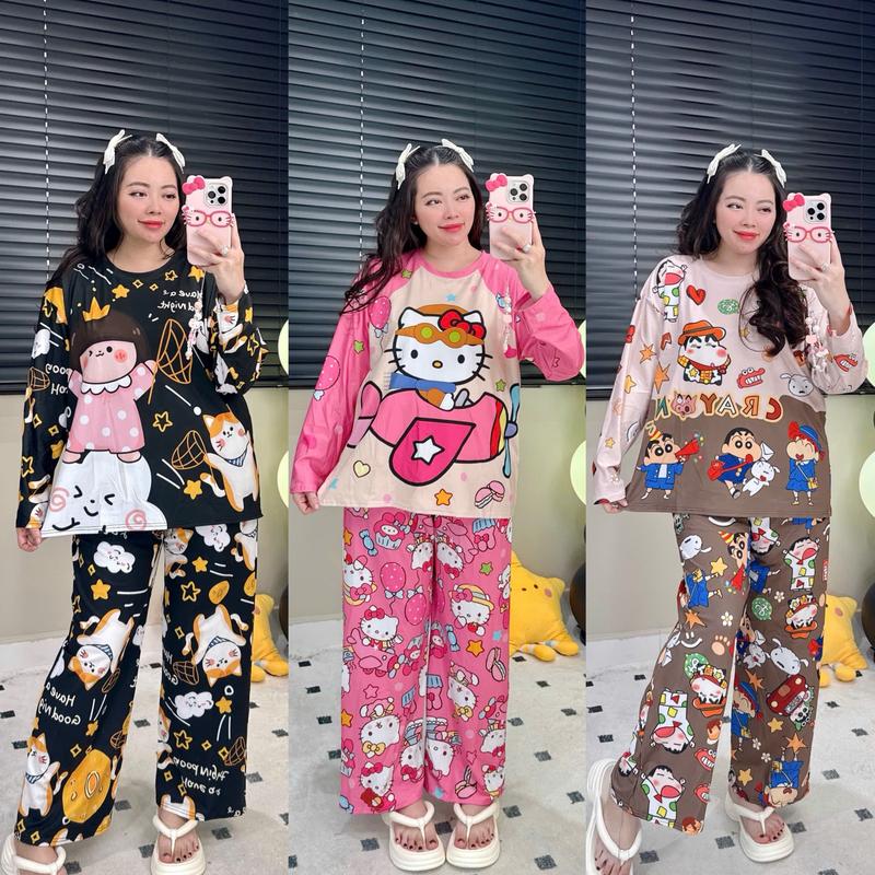 Đồ bộ nữ mặc nhà ( thun bột lạnh) tay dài cổ tròn quần SUÔNG bigsize Phương Tipi, bộ ngủ dễ thương