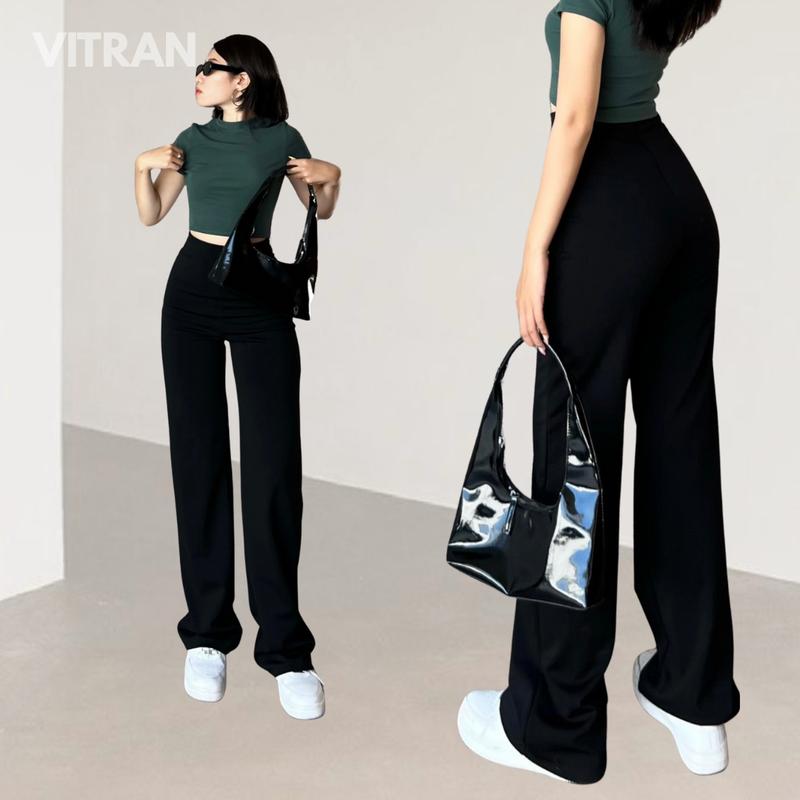 VITRAN BOUTIQUE Quần Ống Suông Cạp Cao Đen Thun Umi Dày Dặn Nữ Dài 108cm Co Giãn Chất Liệu Mềm Mại Basic Minimal OS
