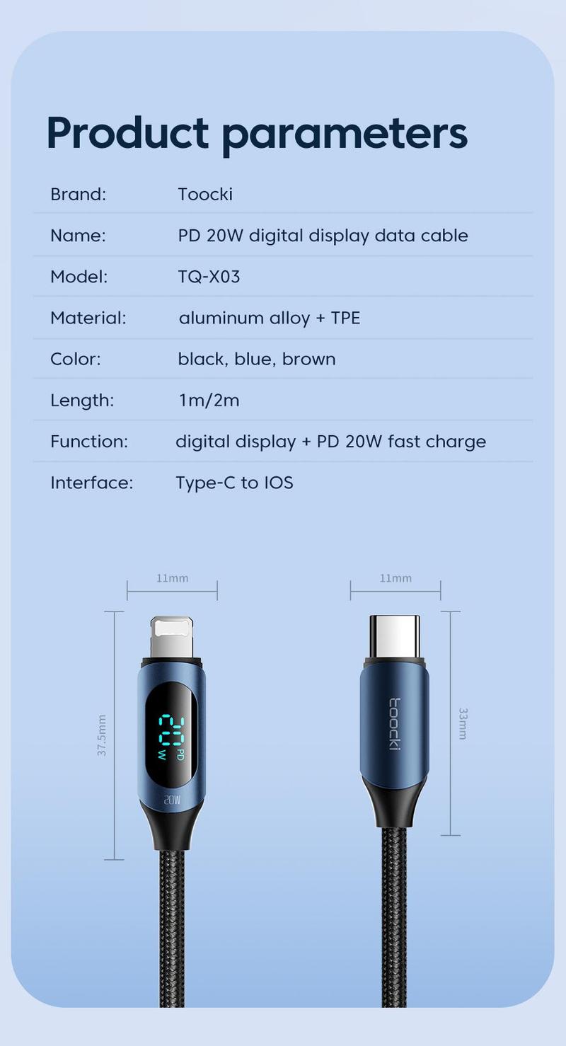 Product Introduction of Toocki Type C to Lightning Cable 20W PD Fast Charging Cable LED Digital Display USB C Cable 480Mbps Transmission Data Cord For iPhone 13 12 11 Pro Max XS X 8 Plus Charger 18