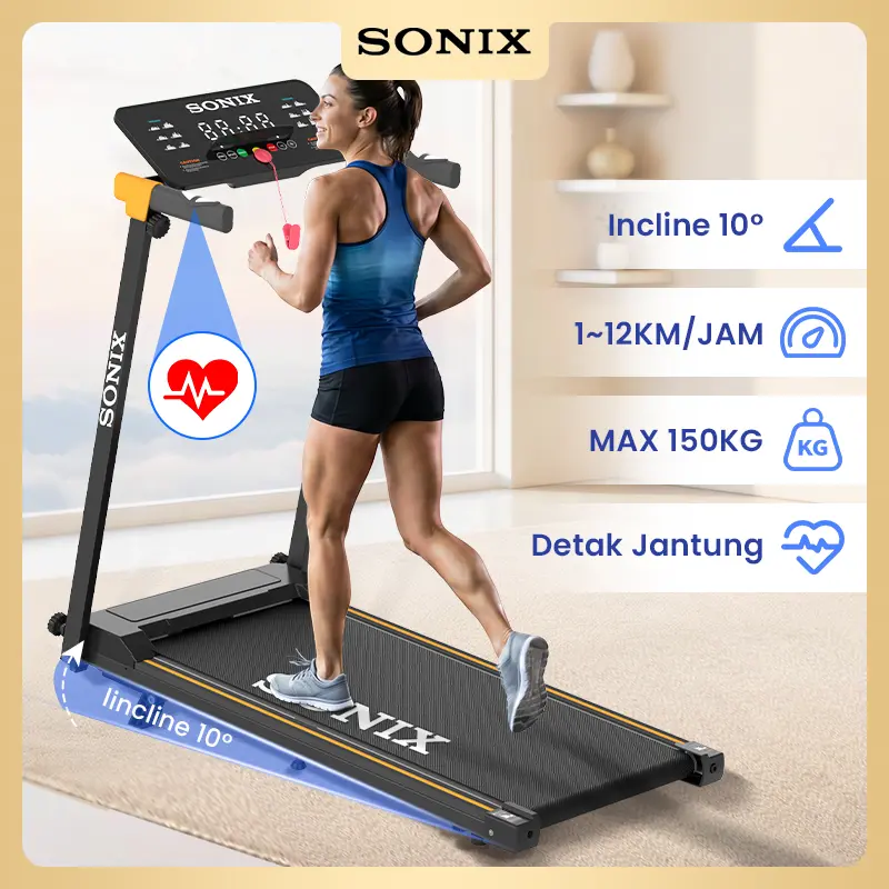 SONIX Incline Heart Rate Treadmill Elektrik STR08 Dilipat Running Walking Pad Low Watt Digital Dashboard 12 Program Otomatis Foldable Ultra Quiet Indoor Home Fitness Equipment