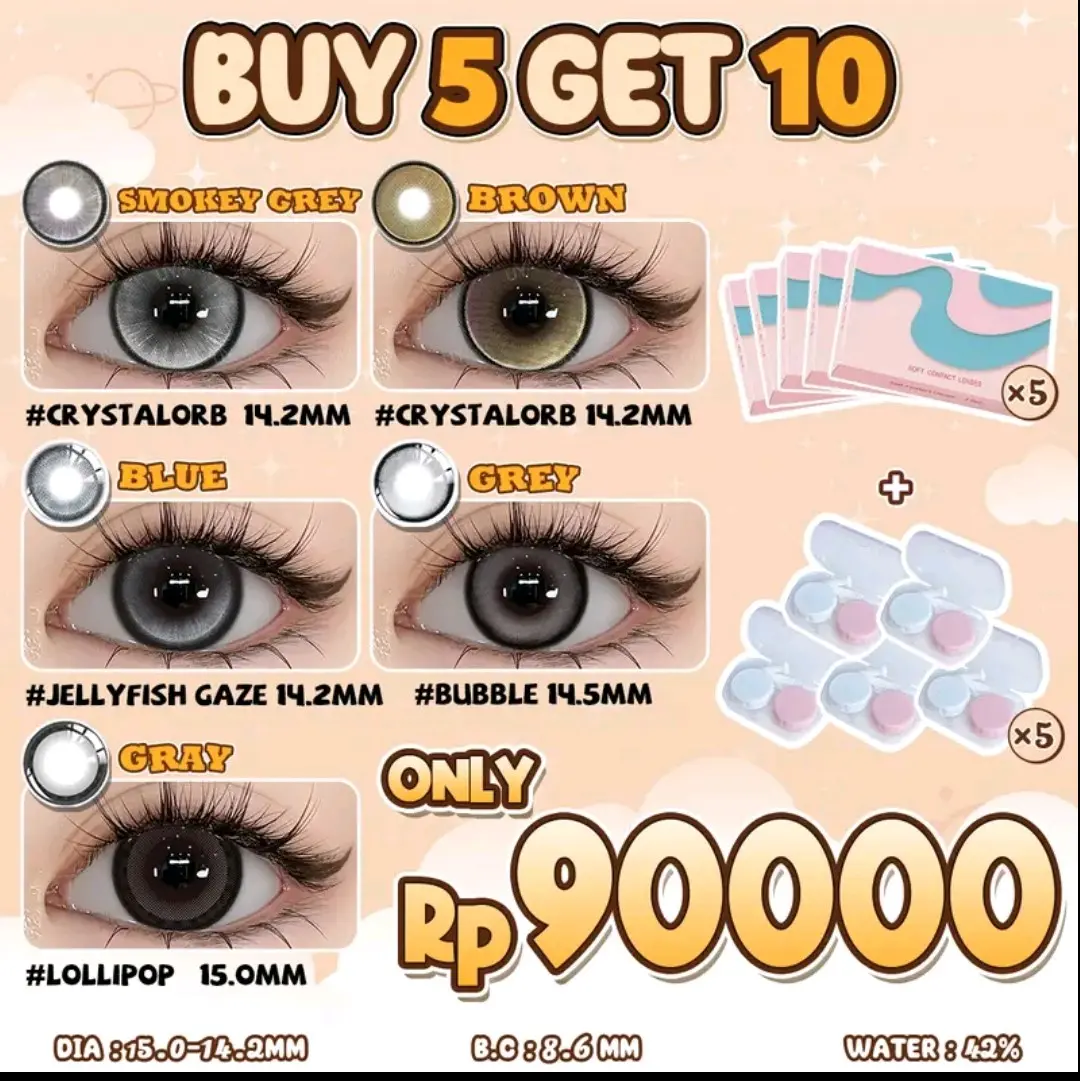 Uyaaii Buy 5 Get 10 ( 5 softlens + 5 lens case) softlens lensa kontak 14.0mm - 14.5mm