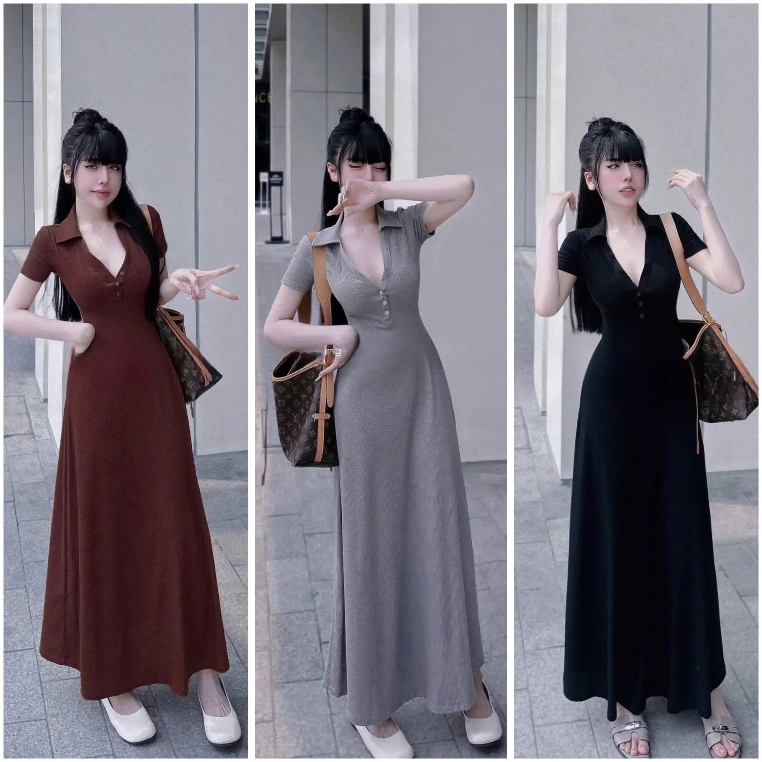 ĐẦM GÀI NÚT, CỔ TIM, DÁNG DÀI (40kg<55kg),chất thun tăm lạnh [GL60099] Nữ Top Women Kem Voi Jacket Dress Hồng Voan
