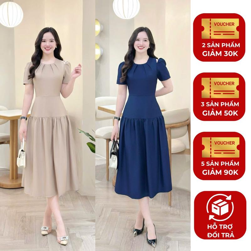  Đầm váy nữ thiết kế Nhật Vy cổ tròn tay nhắn dáng xòe bigsize công sở văn phòng dự tiệc chụp ảnh quà tặng vợ mẹ trung niên chất lụa màu xanh nâu hồng - D3344 