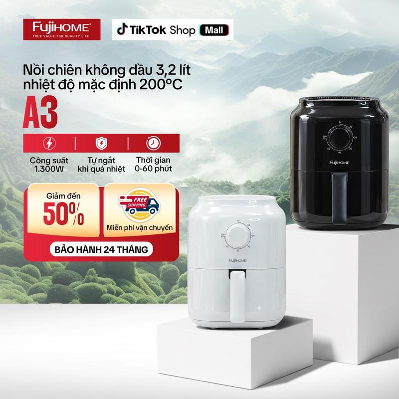 Nồi chiên không dầu mini FUJIHOME A3 dung tích 3.2 lít chống dính cao cấp, công suất 1300w