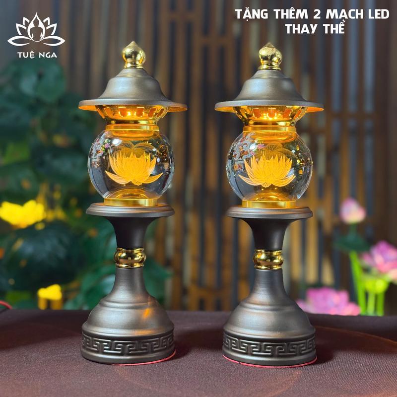 Đèn Hoa Sen Pha Lê Hình Cầu Thân Hợp Kim Nâu Đèn Thờ LED  Tặng 2 led đổi màu  - Tuệ Nga 