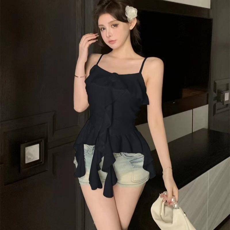 Áo Yếm Nhỏ Thiết Kế Xếp Nhún Hoa Ba Chiều Áo Ngắn Bất Đối Xứng Độc Đáo Mùa Hè Cho Nữ, Thích Hợp Mặc Ngoài Trời Top Women 7