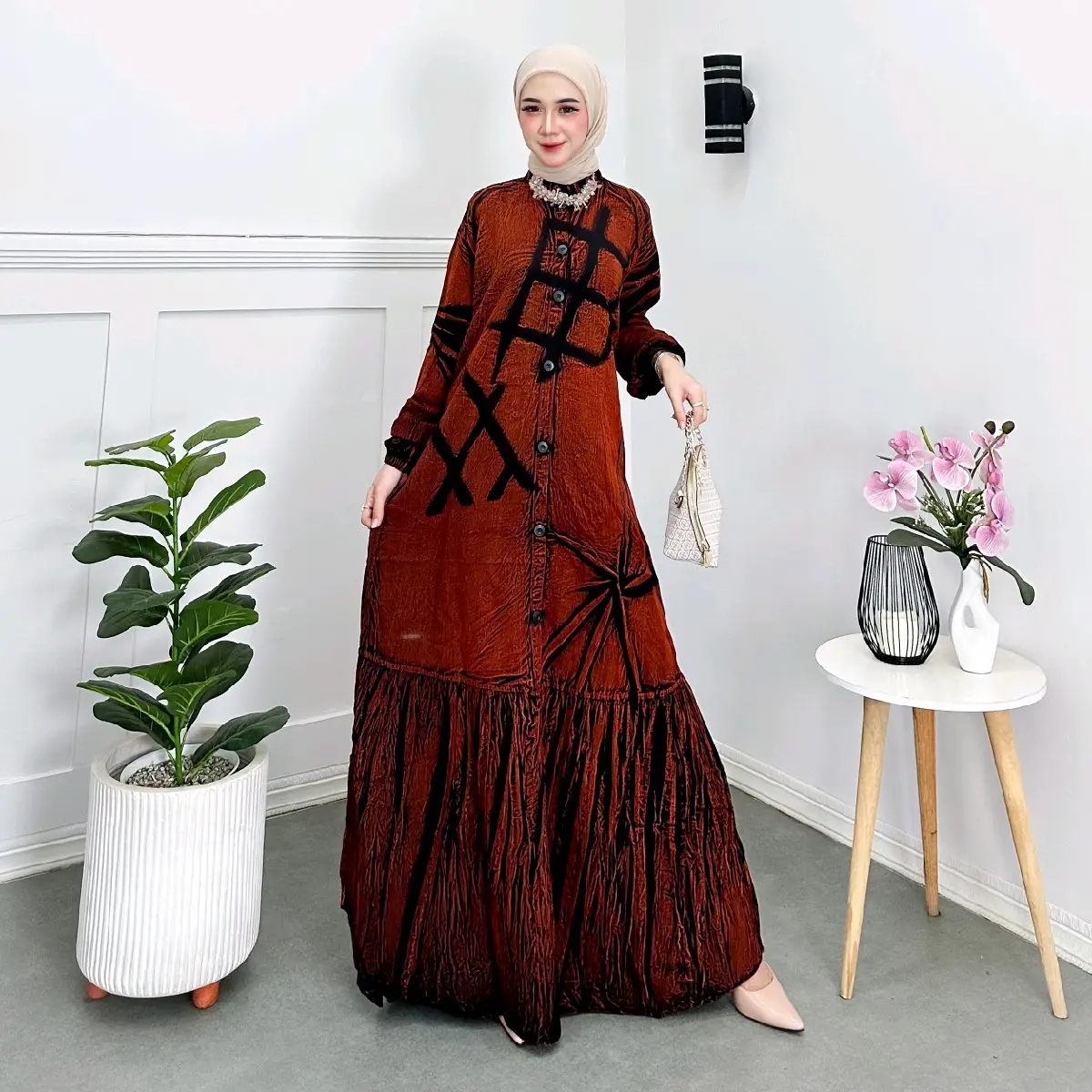 Gamis Muslim Terakota Fulll Kancing Wudhu Gamis Jeans Motif  Gamis Wanita 2025 gamis Rayon Cantik Nyaman  Ibu Menyusui. gamis Twill Bunga Kotak Panjang Hitam