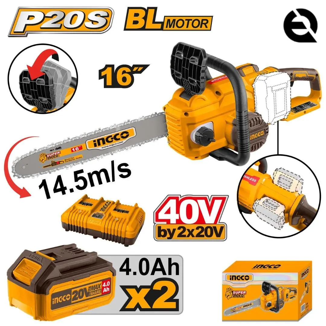 INGCO 40V Cordless Chainsaw with 2 [4.0Ah] Lithium-Ion Batteries & Dual Port 4A Charger Set: CGSLI401682