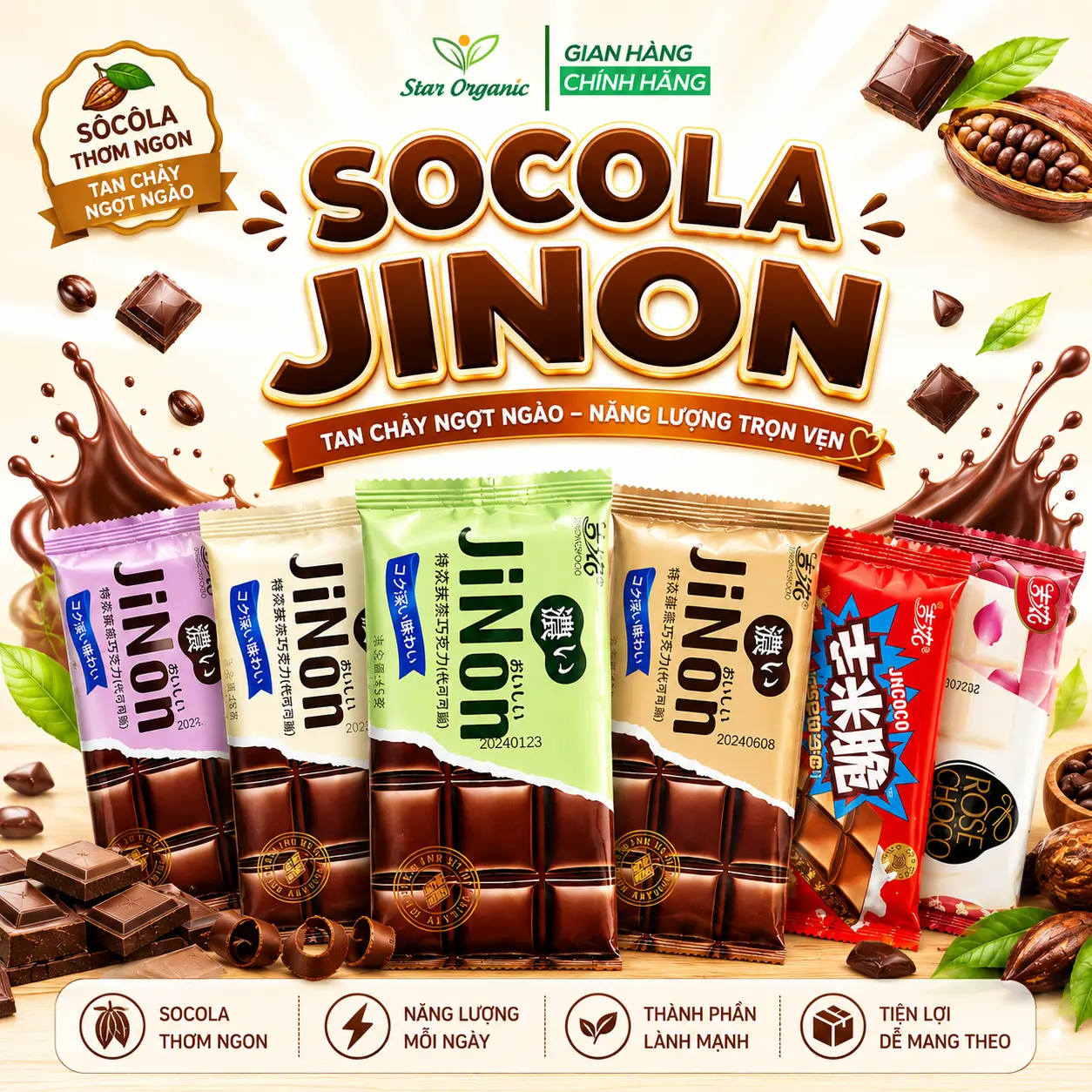 Kẹo Socola JiNon Vị Matcha, Hoa Hồng, Sữa, Dâu 40G - Star Organic