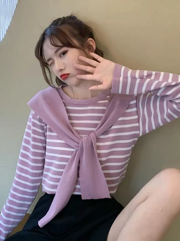 Atasan wanita lily stripe tali bagian depan - atasan wanita rajut terbaru - gaya korean style OOTD 2024 regular fushia 2