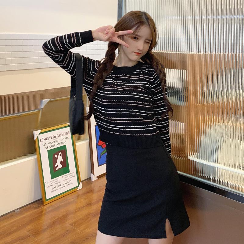 Product Introduction of Misso Kode BJ1653 Baju Atasan Sweater Knit Rajut Korean Fashion Wanita Lengan Panjang Motif Garis Knitwear Top Crop Salur  Stripe Outer 1