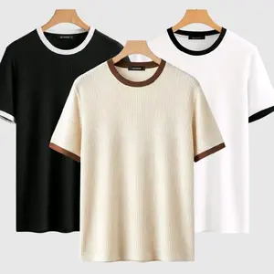 Kagayako Paket 3pcis Kaos Lengan Pendek Ringer Waffle Knit Pria Wanita Polos Knitwear