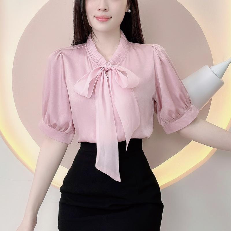 Áo sơ mi lụa sang chảnh phối voan tơ mỏng mềm mát somi cộc tay mùa hè đi tiệc đi làm đi chơi LAMO - B1405