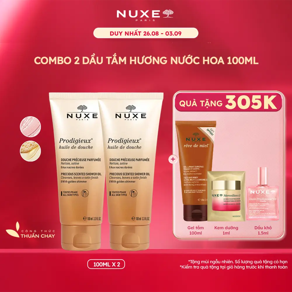 Combo Dầu Tắm Dưỡng Ẩm Hương Nước Hoa Sang Trọng Nuxe Prodigieux Shower Oil 100mlx2