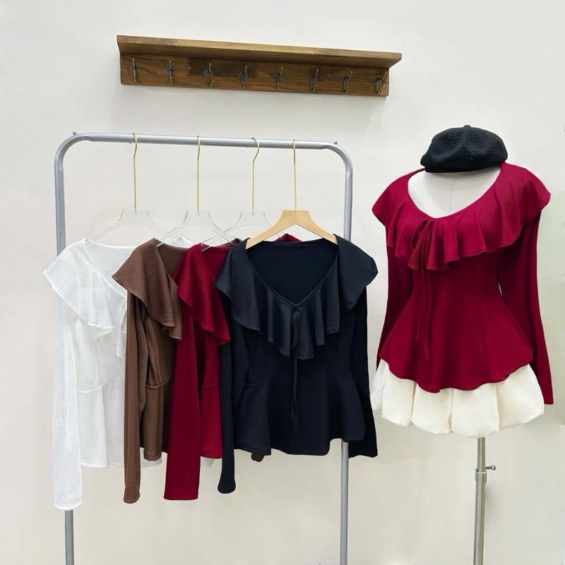  SÉT BỘ MẶC TẾT XINH  Bigsize Nữ Áo Kiểu Dài Tay Dáng Peplum Vải Thun Tăm Phối Chân Váy Bí  có bảo hộ  Vải Lụa Xoa Phong Cách Trẻ Trung Dễ Thương-  A337+CV413  