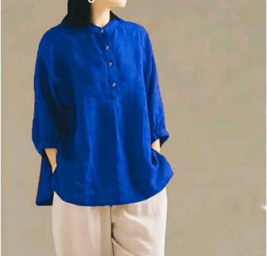 Blouse Wanita Jumbo katun linen Kerah Shanghai Kemeja Lengan 3/4 baju  Atasan Linen Oversize Casual Santai Terbaru 3