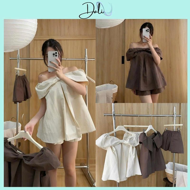 Set Bộ Áo Trễ Vai Phối Nơ Ngang Bản To Dáng Babydoll + Quần Sooc Cạp Chun
