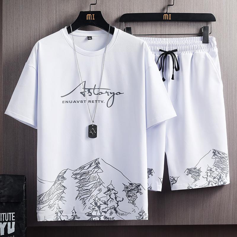 Short-Sleeved T-shirt Suit Men's Summer New Snow Mountain Printing Fashion Trendy Slim Fit Large Size Sports Two-Piece Suit 0