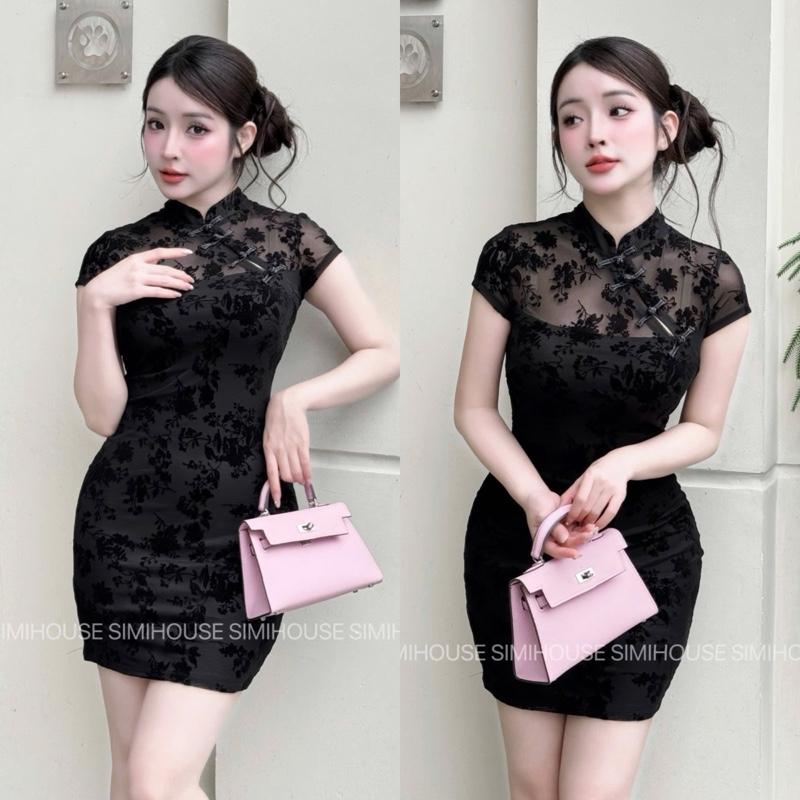 SIMI.STUDIO VÁY BODY SƯỜN XÁM DÁNG NGẮN D335 Đầm body thun lưới cao cấp sườn xám form midi sang trọng đi tiệc thiết kế tôn dáng sang trọng