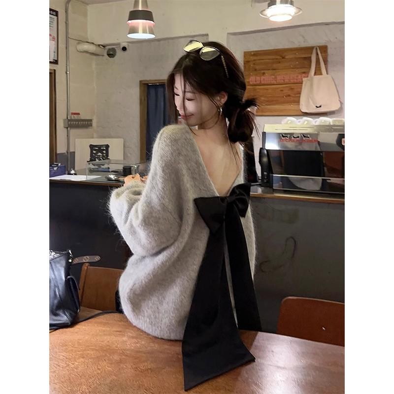  Áo Len Dệt Kim Thiết Kế Nơ Hở Lưng Dài Tay Dáng Rộng Vừa Vặn Dành Cho Nữ Hàng Mới Về Mùa Thu Áo Len 