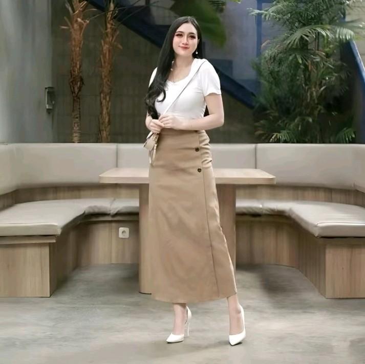 Rok span wanita cantik Rok wanita premium Bawahan rok katun Pinggang belakang karet 1