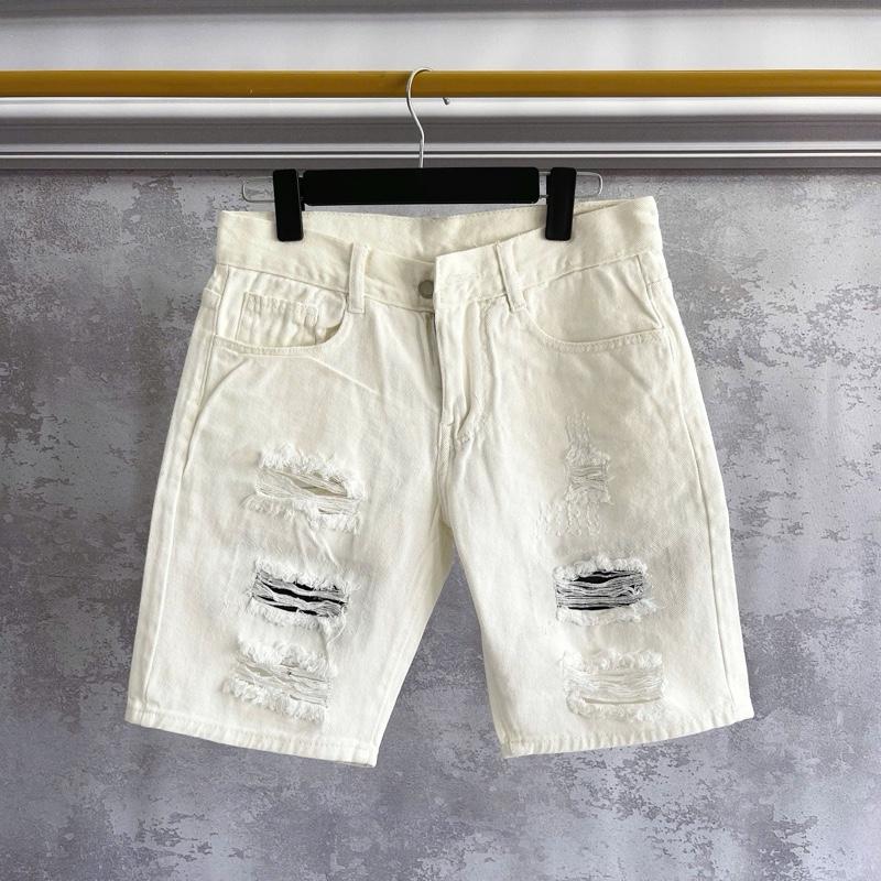 [Max 3380] Quần Đùi Nam Vải Jean Cotton Thô, Không Co Dãn. Độ dày vừa phải, Mặc trên gối, màu trắng rách Menswear Pants