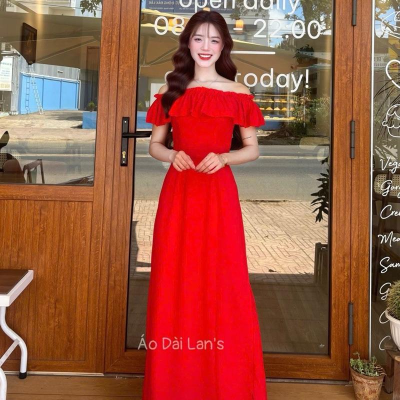    ÁO LẺ KHÔNG QUẦN   Áo Dài Lễ Tân Cổ Hở Bẹt Vai Bèo Nhún Phong Cách Gợi Cảm Dễ Thương Vài Lụa Tằm Ý Sang Trọng 